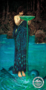 Circe Invidiosa by John William Waterhouse art card shows circe pouring green poison into the sea to curse her rival from greek mythology.