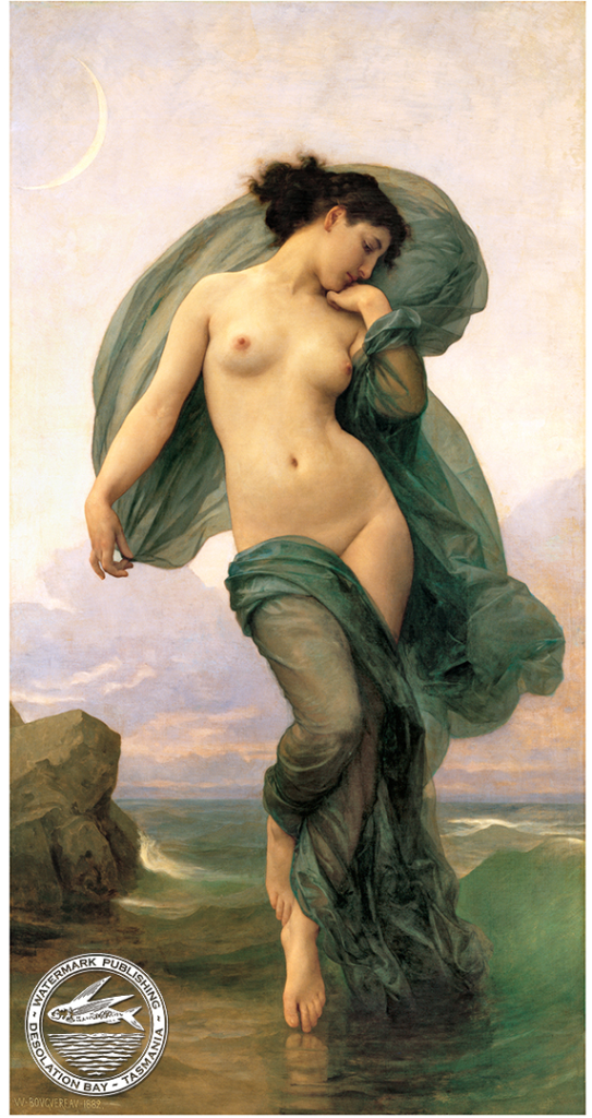 Evening Mood by William Bouguereau in 1882 is a painting of a dream-like nude female draped in a soft green material floating over the ocean.