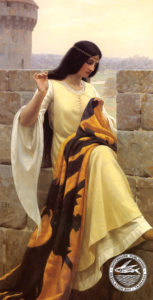 Stitching the Standard painted by Edmund B. Leighton in 1911. It shows a lady sewing a war flag while sitting on a stone castle balcony.