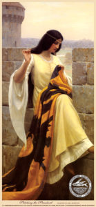 Stitching the Standard painted by Edmund B. Leighton in 1911. It shows a lady sewing a war flag while sitting on a stone castle balcony.