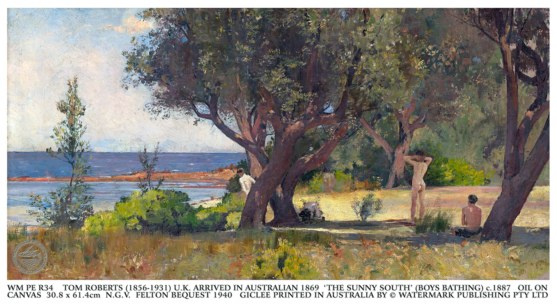 The Sunny South, 1892 by Tom Roberts is a painting of nude boys bathing and relaxing on a shaded beach.