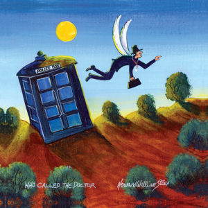 image of Who Called the Doctor show's Howard Steer's iconic flying doctor character fliying passed the old british police box from the doctor who tv series in the Australian outback.