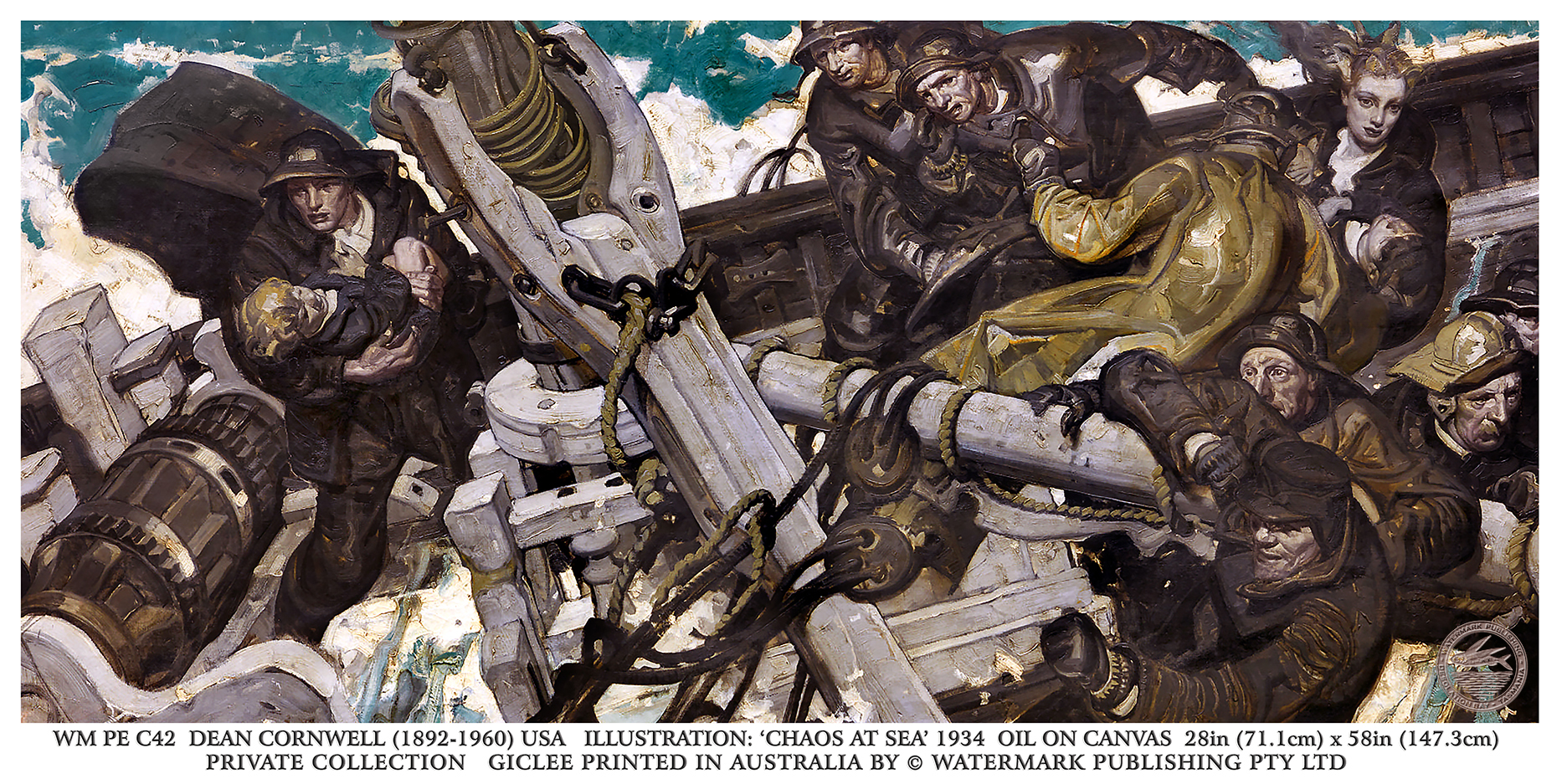 Chaos at Sea, 1934 by Dean Cornwell depicting a family and boat crew members struggling in a violent storm at sea.