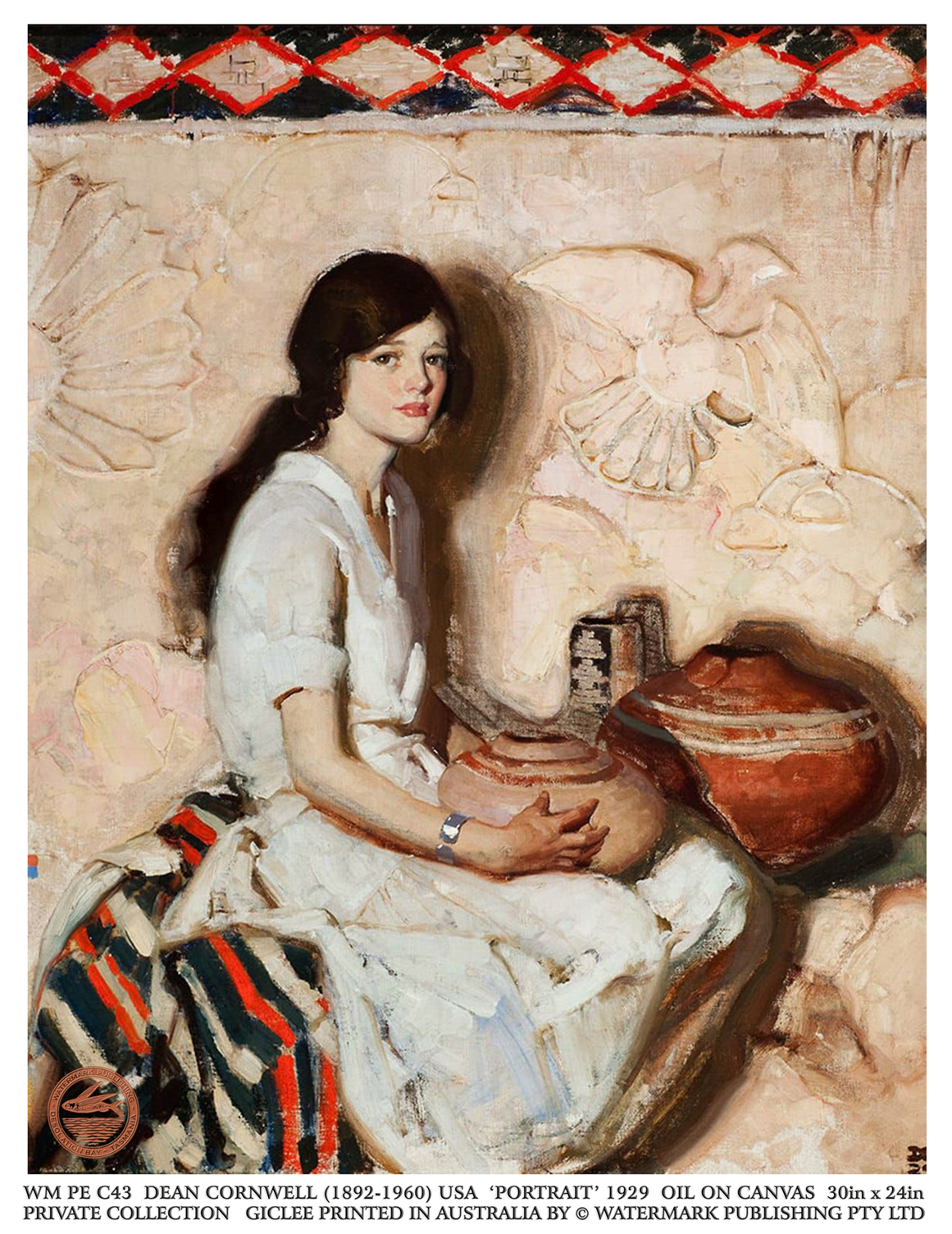 Portrait, 1929 by Dean Cornwell is a portrait of a young lady in a modest white dress holding pottery with a New Mexico style.