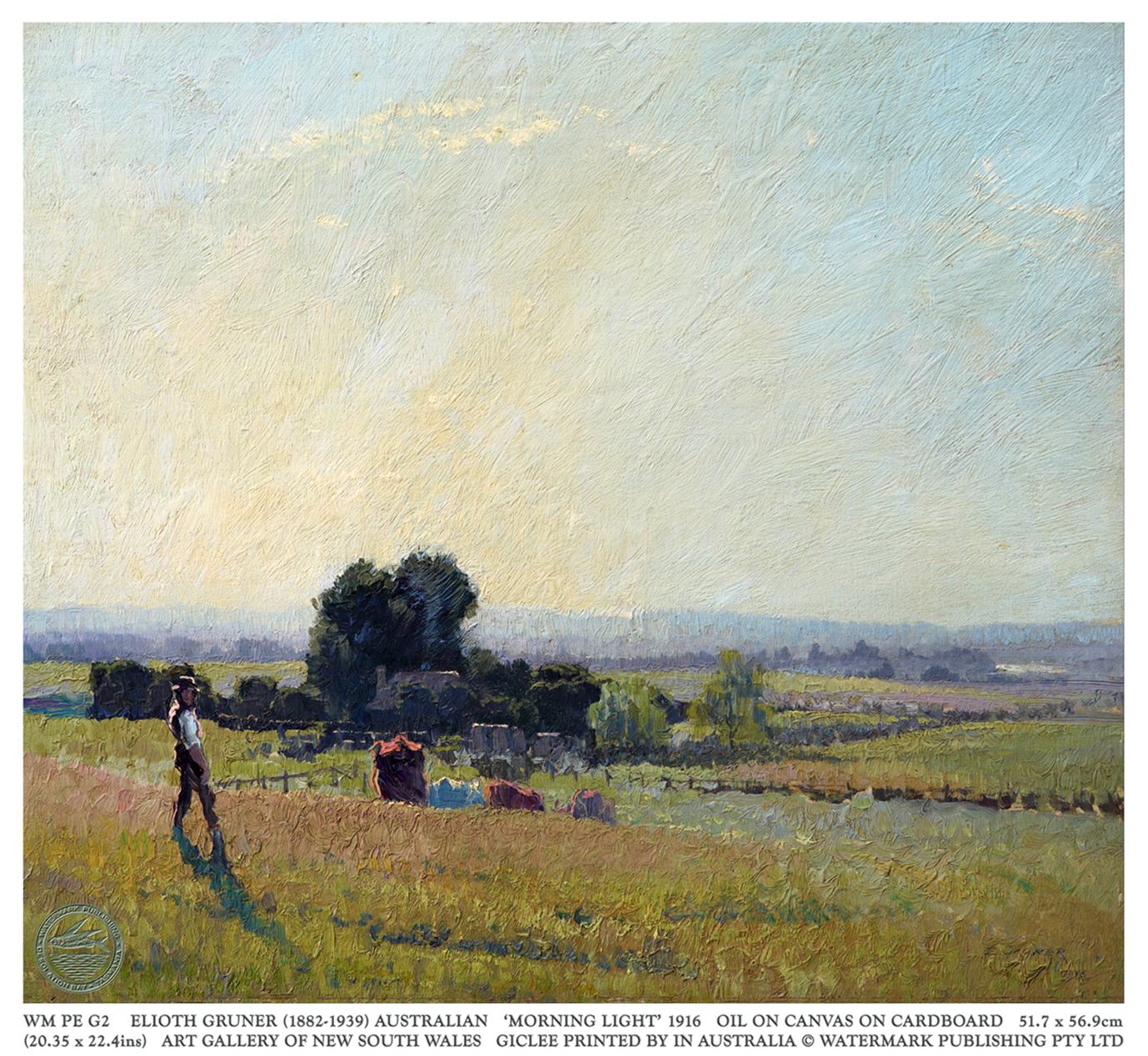 Morning Light 1916 by Elioth Gruner is a bright country scene with a farmer and his cows in a paddock.
