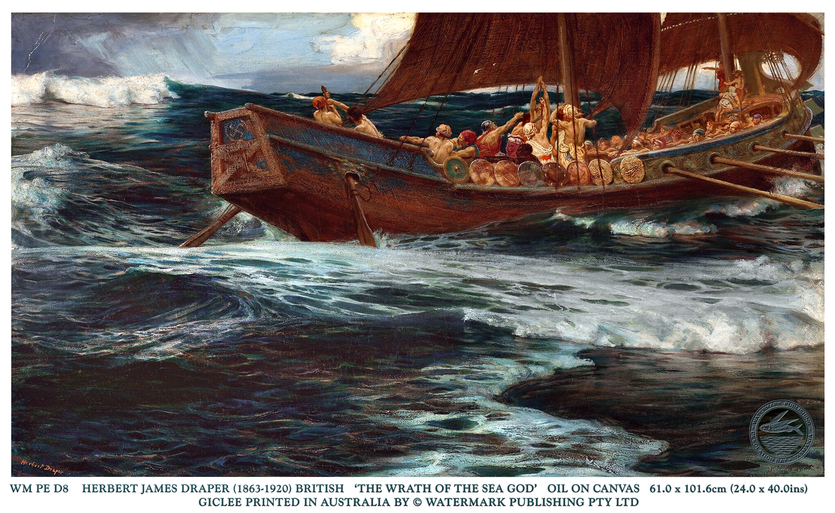 The Wrath of the Sean God 1900 by Herbert Draper depicts an old viking style boat and crew battling the stormy sea swell.