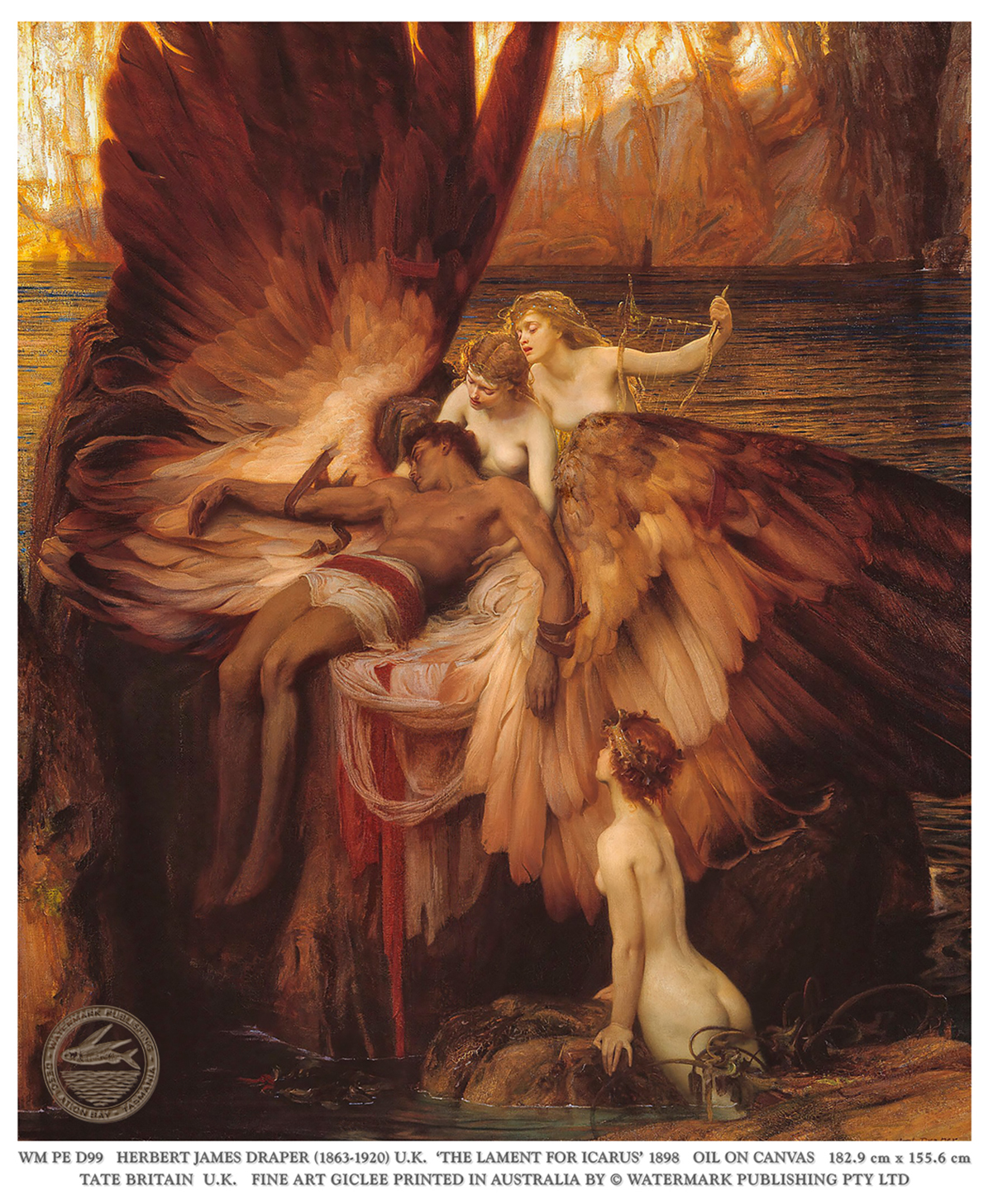 The Lament for Icarus, 1898 by Herbert Draper depicts the lifeless Icarus attended by three sorrowful mythological nude maidens, often interpreted as sea nymphs.
