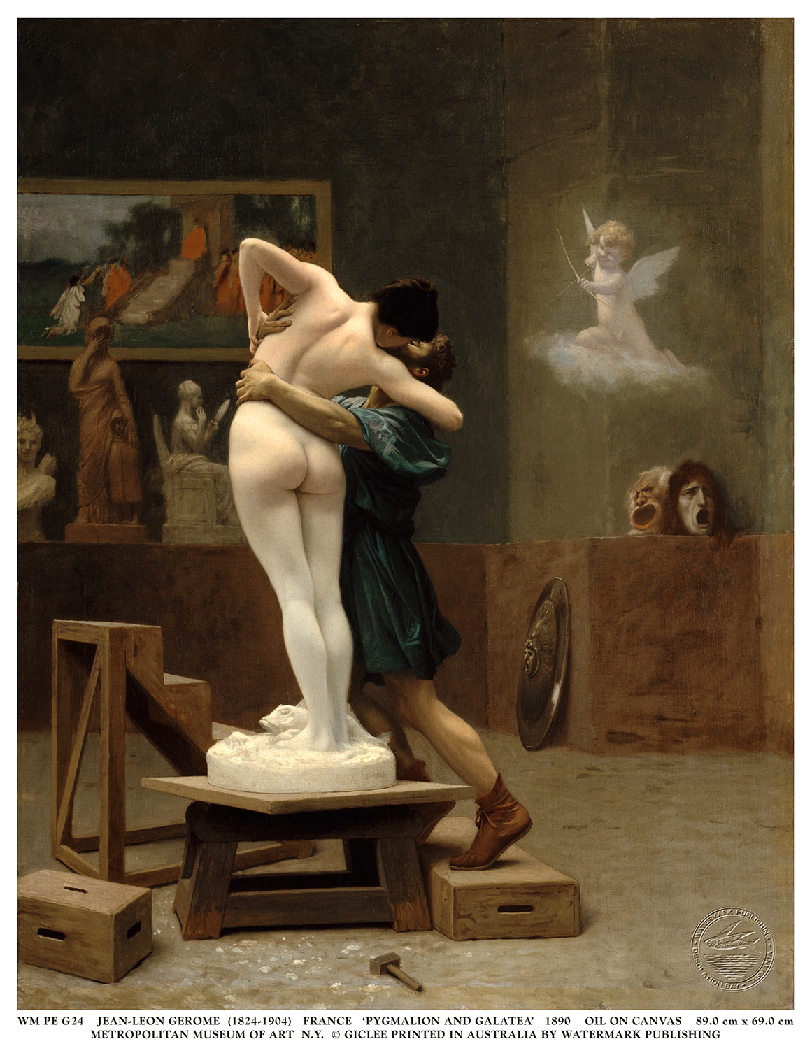 Pygmalion & Galatea 1890 by Jean-Leon Gerome depicts the sculptor Pygmalion kissing his statue Galatea as she comes to life.