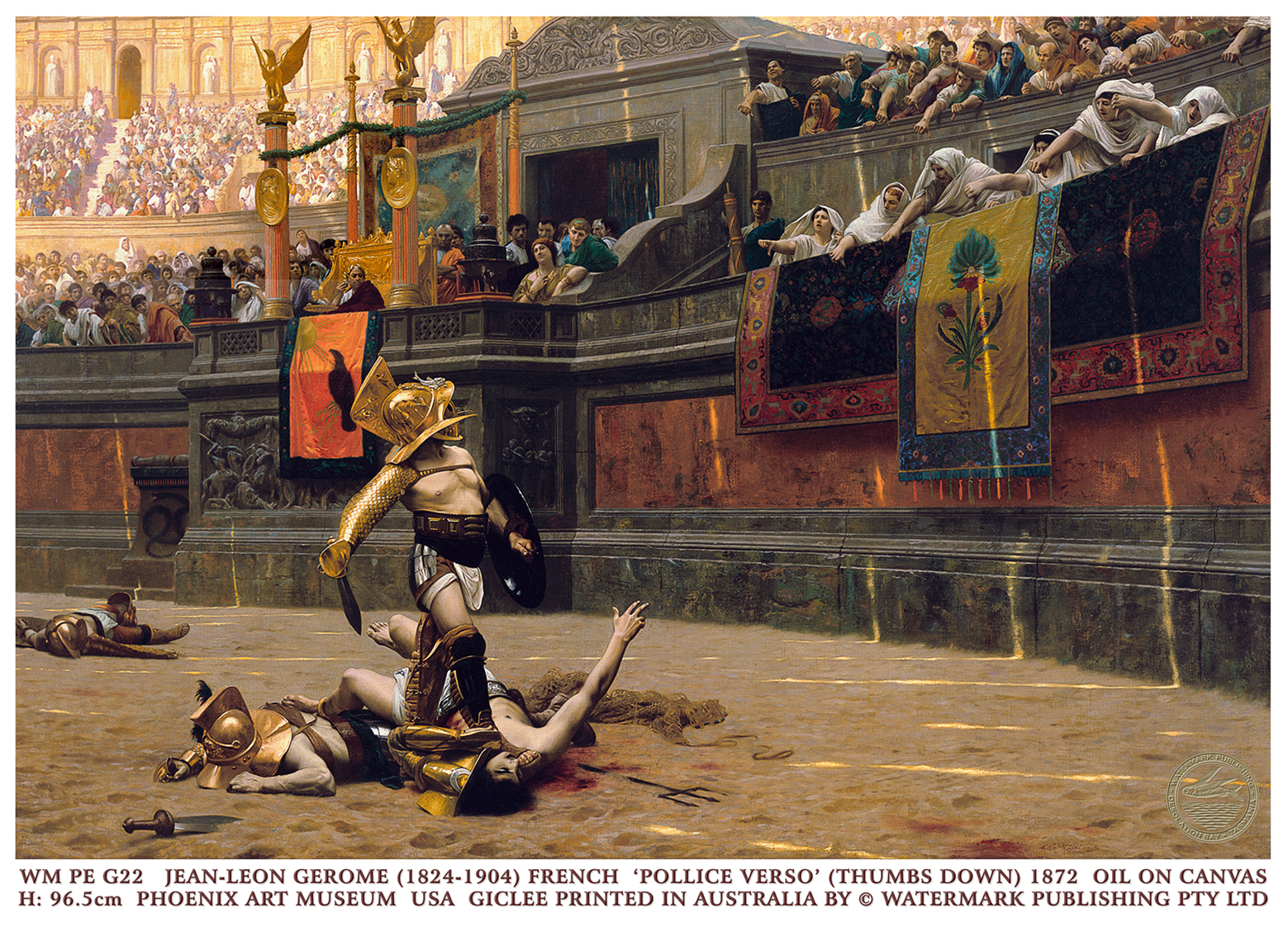 Pollice Verso 1872 by Jean-Leon Gerome depicts a scene in the Colosseum of a Gladiator being gestured "Thumbs Down" by the crowd.