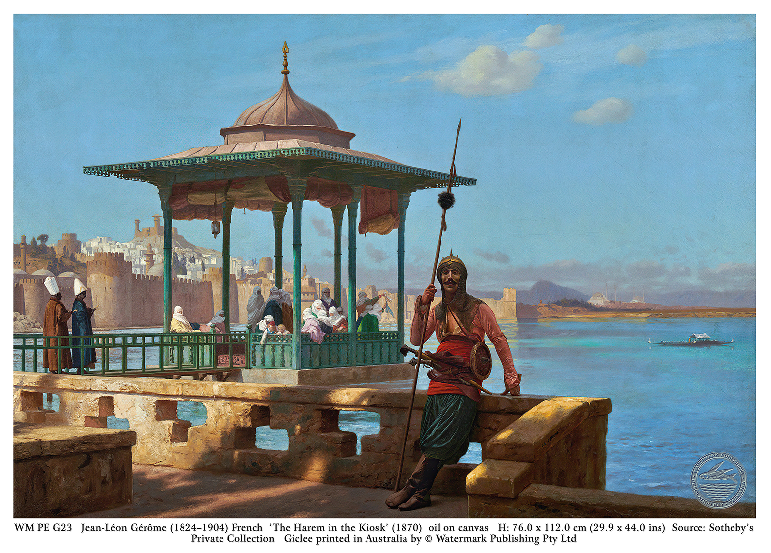 THE HAREM IN THE KIOSK, 1870 - Jean-Leon Gerome. It depicts a middle-eastern scene showing an armed Ottoman guard standing outside an ornate stone pavilion or kiosk containing veiled figures.