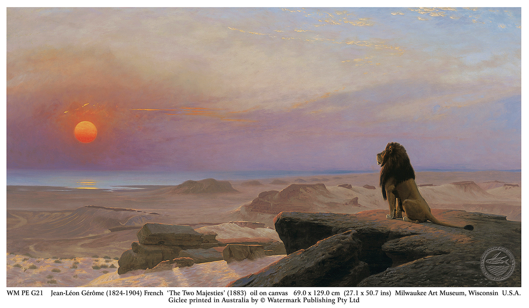 The Two Majesties by Jean-Leon Gerome features a lion sitting on a rocky plateau overlooking the sunset landscape.
