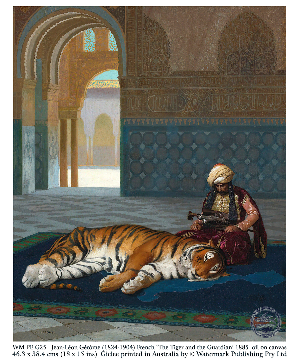 THE TIGER & THE GUARDIAN, 1885 (aka "Le Tigre et le Gardien") by Jean-Leon Gerome depicts a middle-eastern scene showing a large Bengal tiger sleeping by his guardian on an ornate oriental rug in an elaborate stone pavilion. 